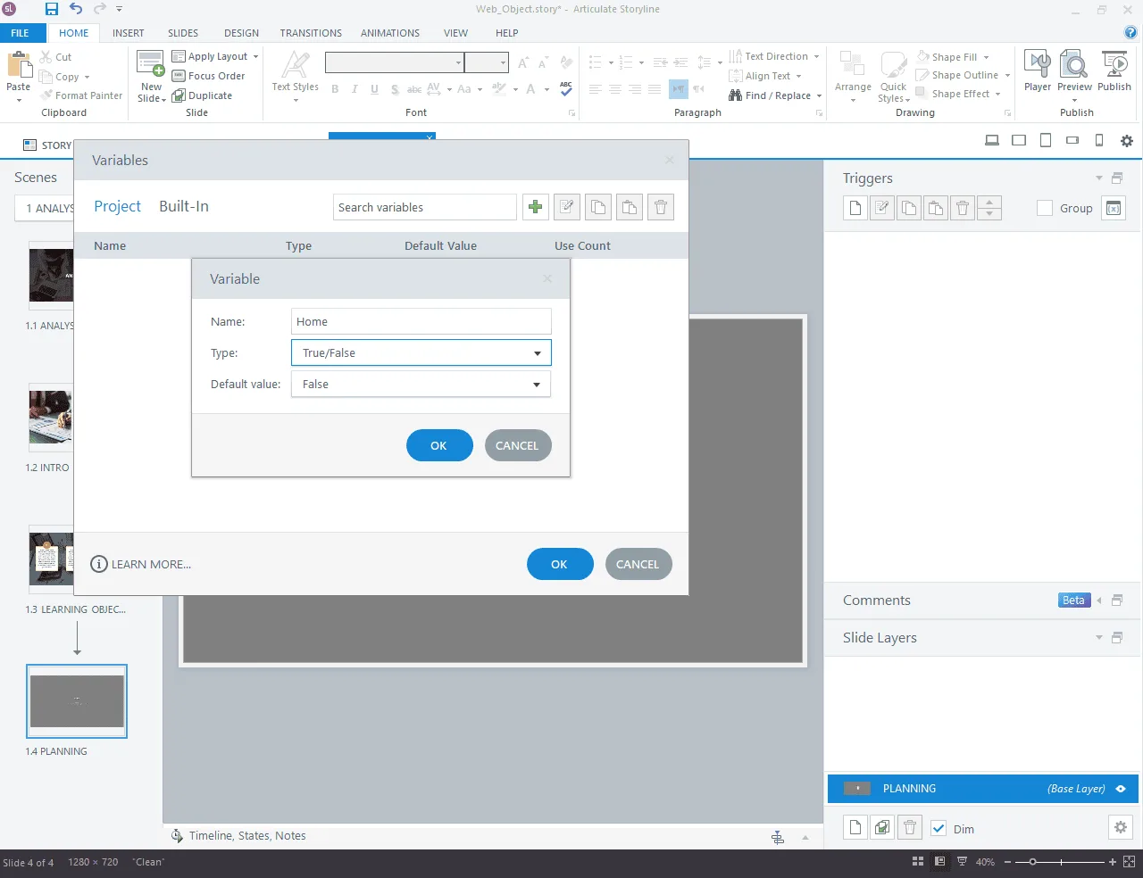 Articulate Storyline Variables panel with the Variable dialog open, creating a True/False variable named Home with a default value of False