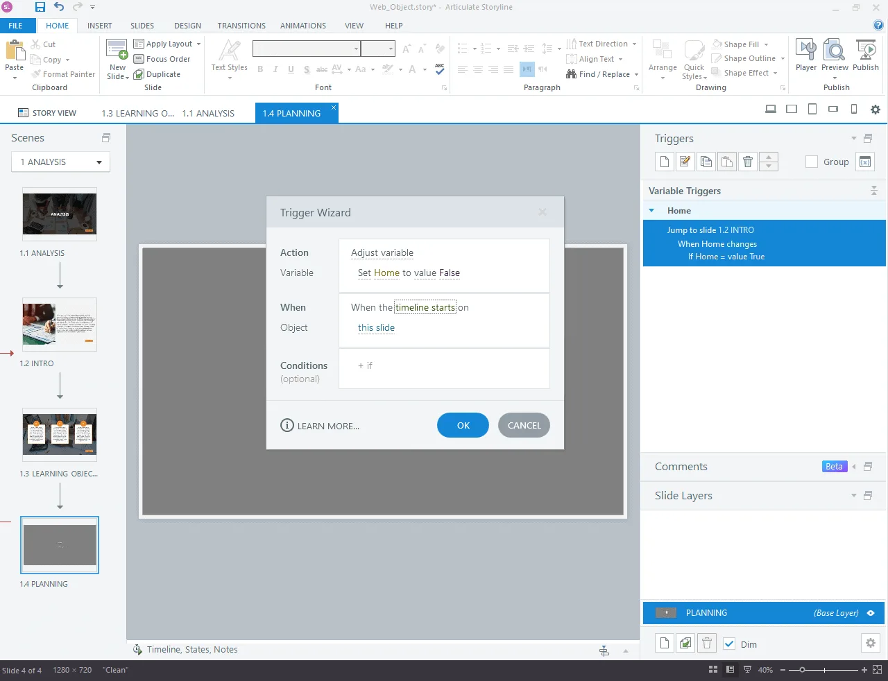 Storyline Trigger Wizard set to Adjust variable, setting Home to value False when the timeline starts on this slide